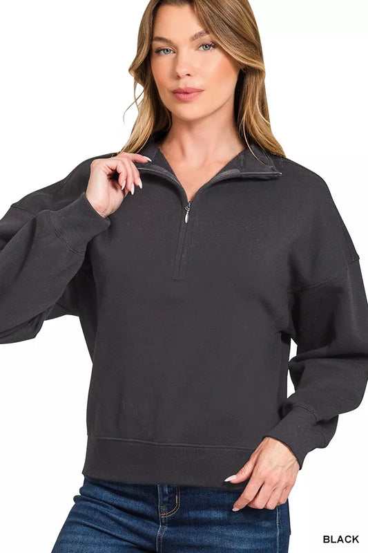 Zenana Fleece High Neck Half Zip Sweatshirt