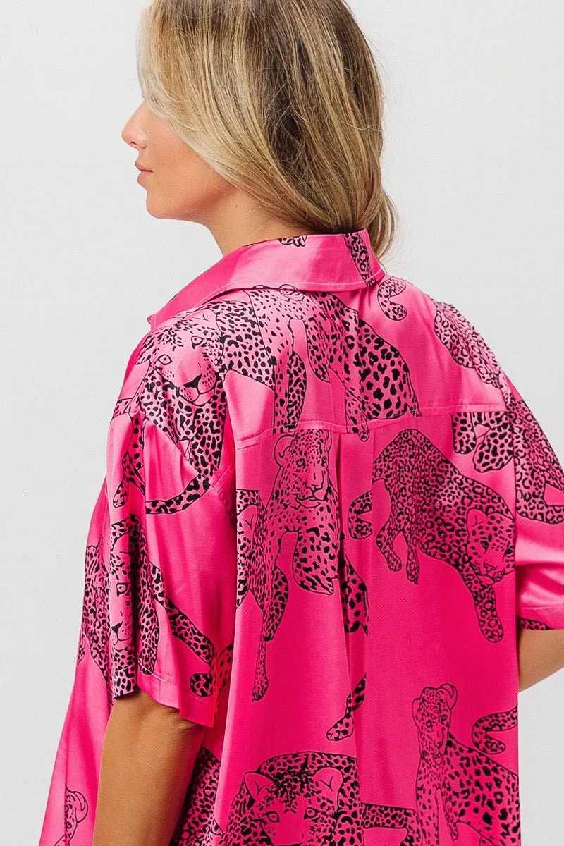 BiBi Leopard Print Short Sleeve Silky Satin Shirt Top