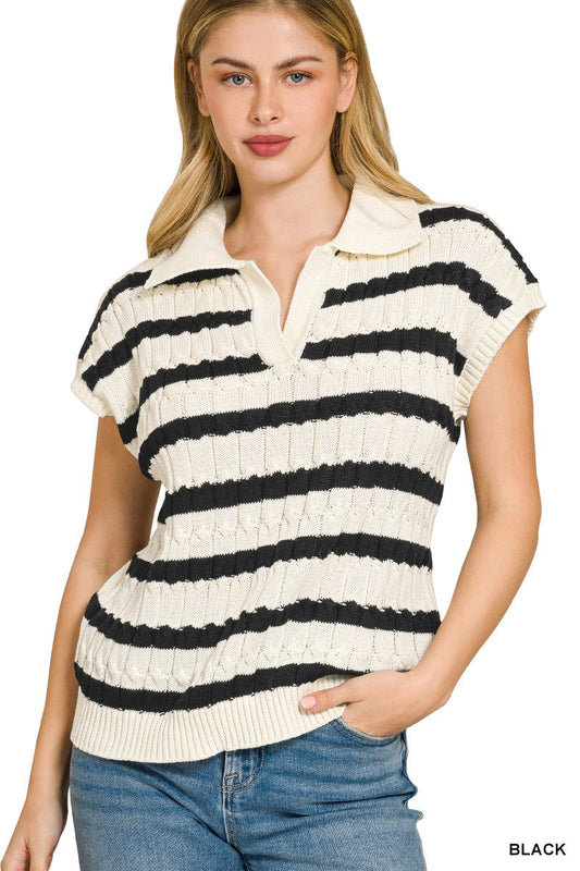 Zenana Textured Stripe Collared Sweater Vest