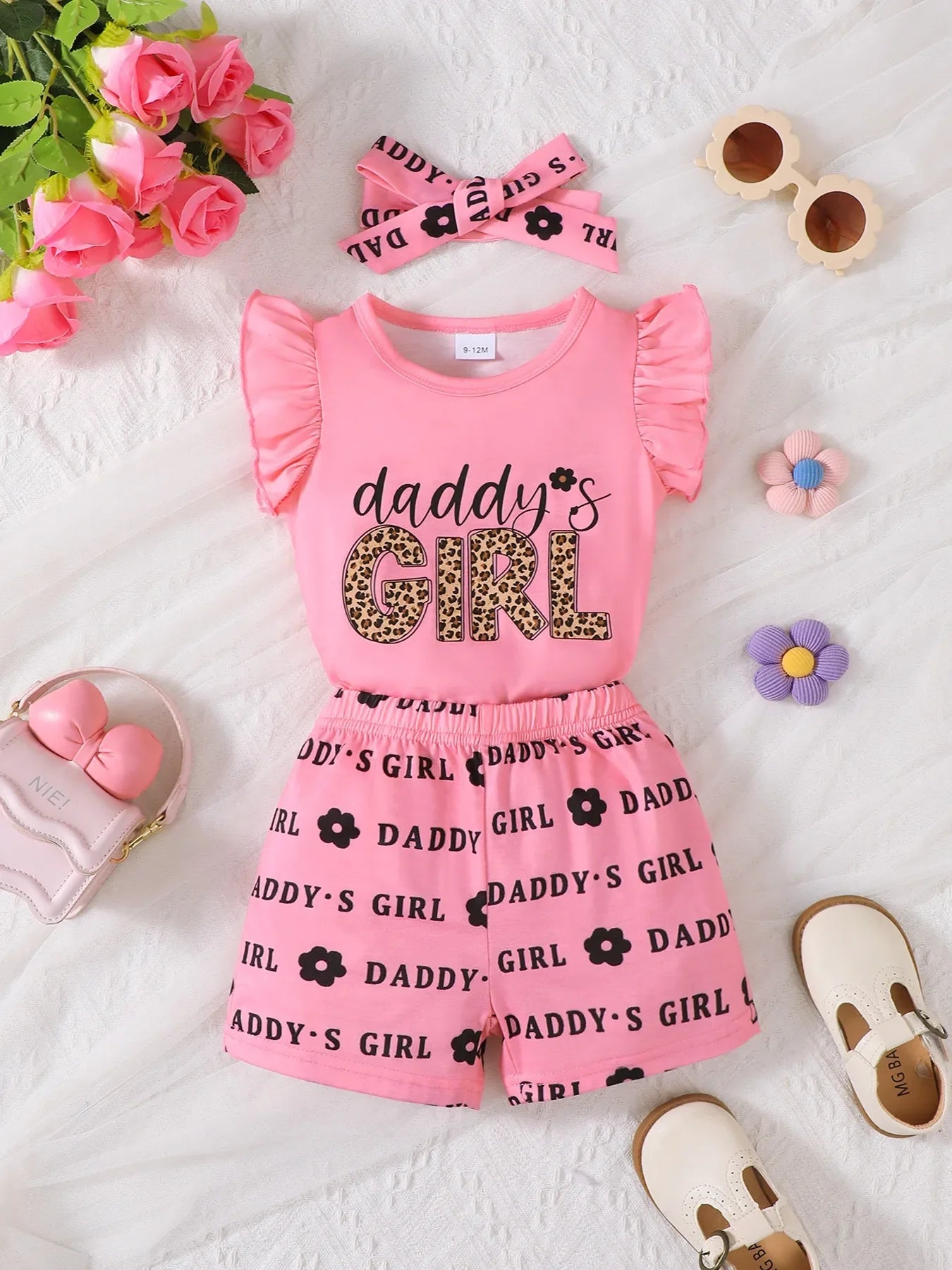 Children's Headband Letter Ruffle Sleeve Top and Shorts 3-Piece Set