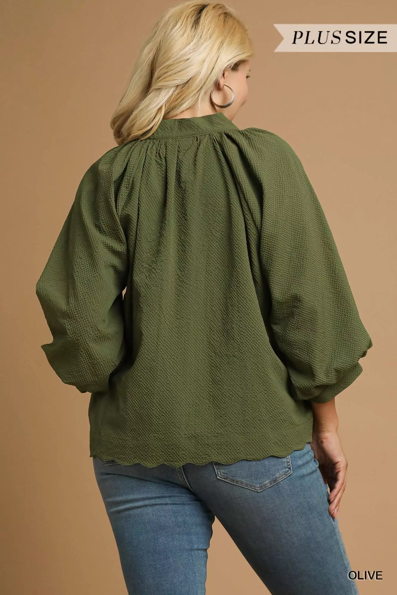 Umgee Full Size Textured Notched Balloon Sleeve Blouse Plus Size