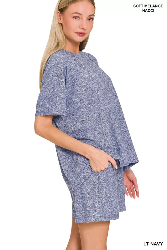 Zenana Soft Melange Short Sleeve Tee and Shorts Set