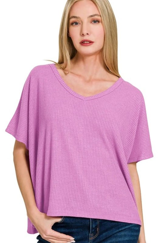 Zenana Ribbed V-Neck Short-Sleeve Knit Top
