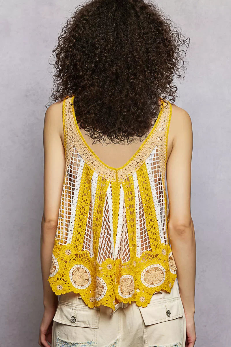 POL Openwork Stripe Pattern Flowy Tank with Scalloped Edge