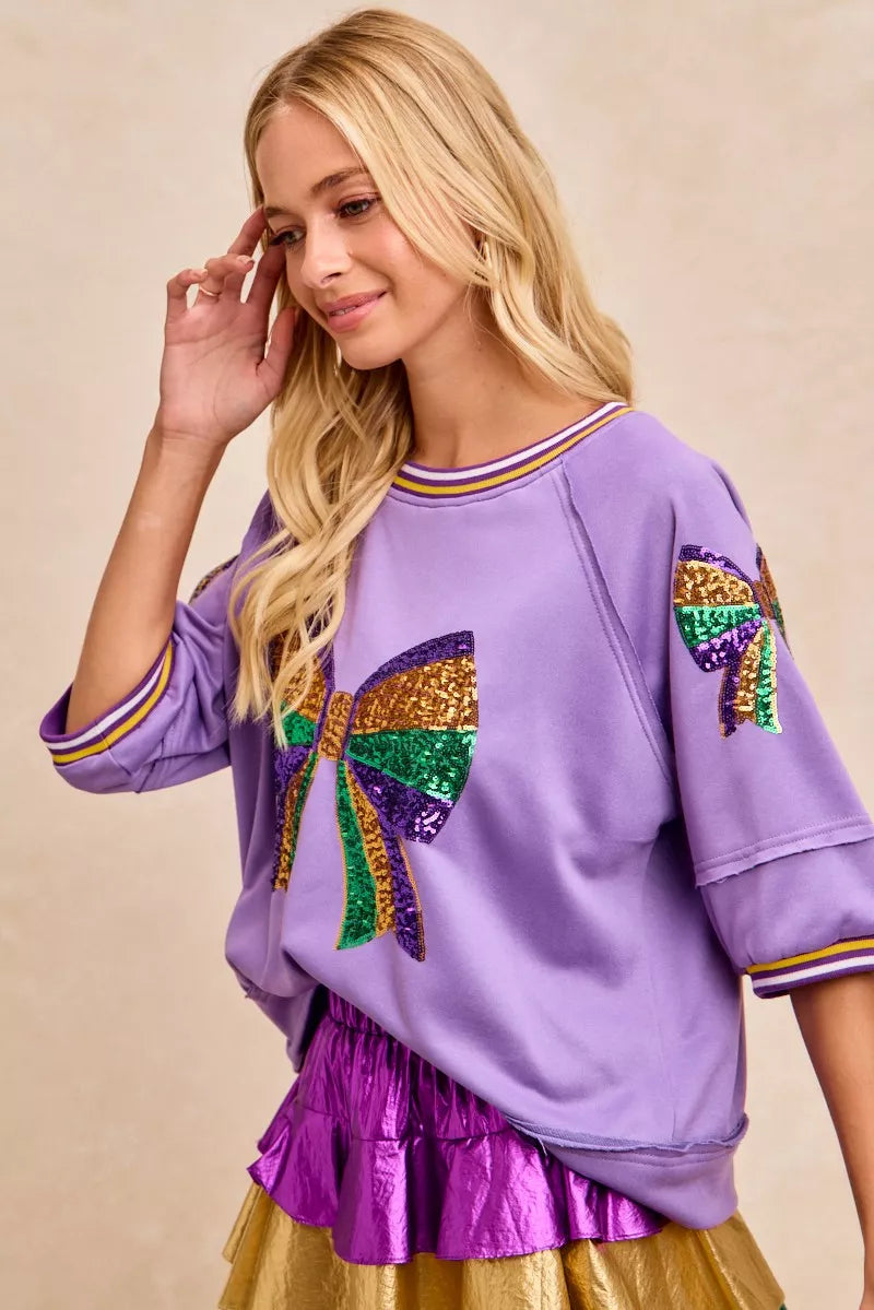 BiBi Mardi Gras Theme Ribbon Sequin Patched Top
