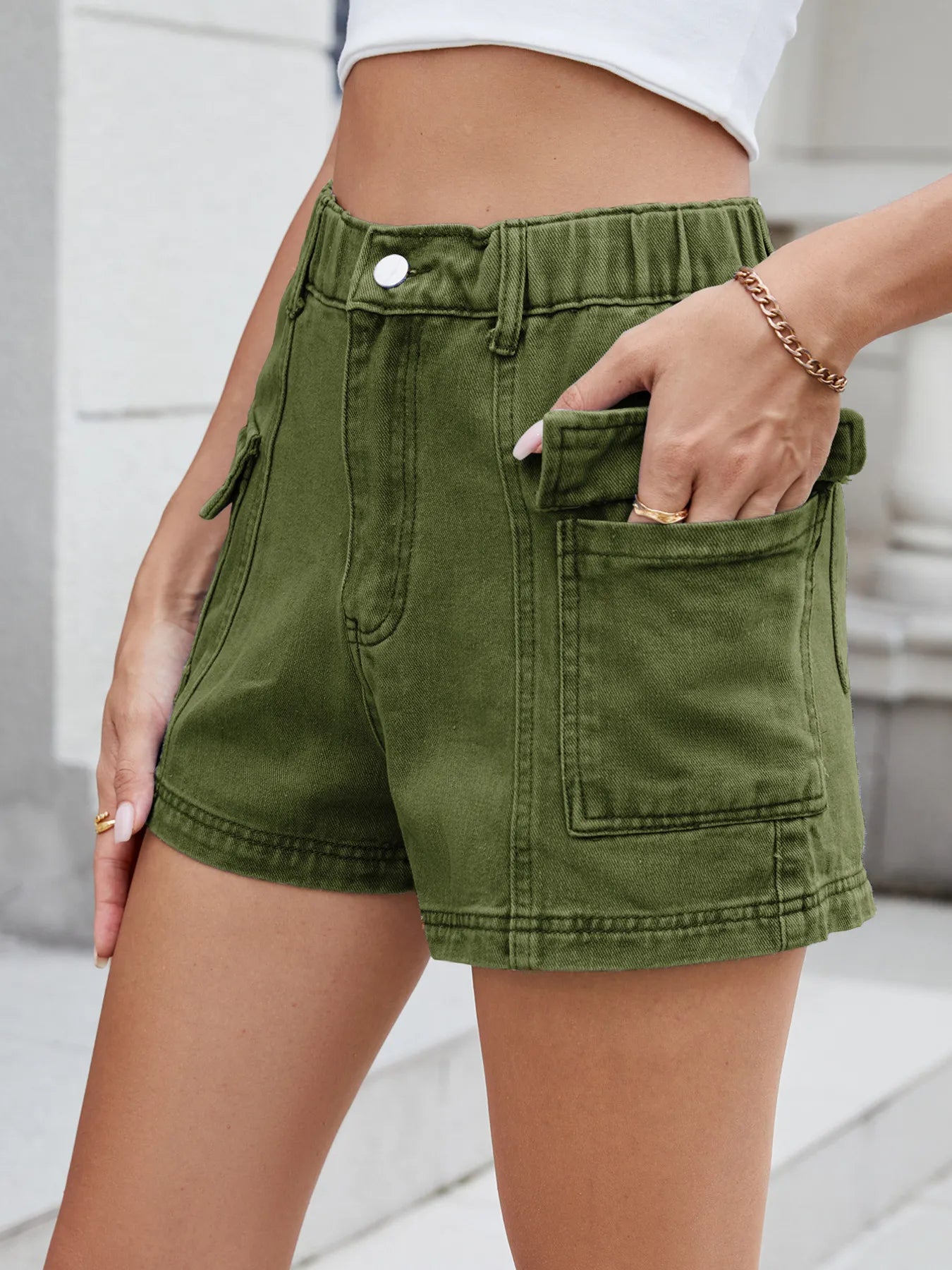 High Waist Cargo Denim Shorts