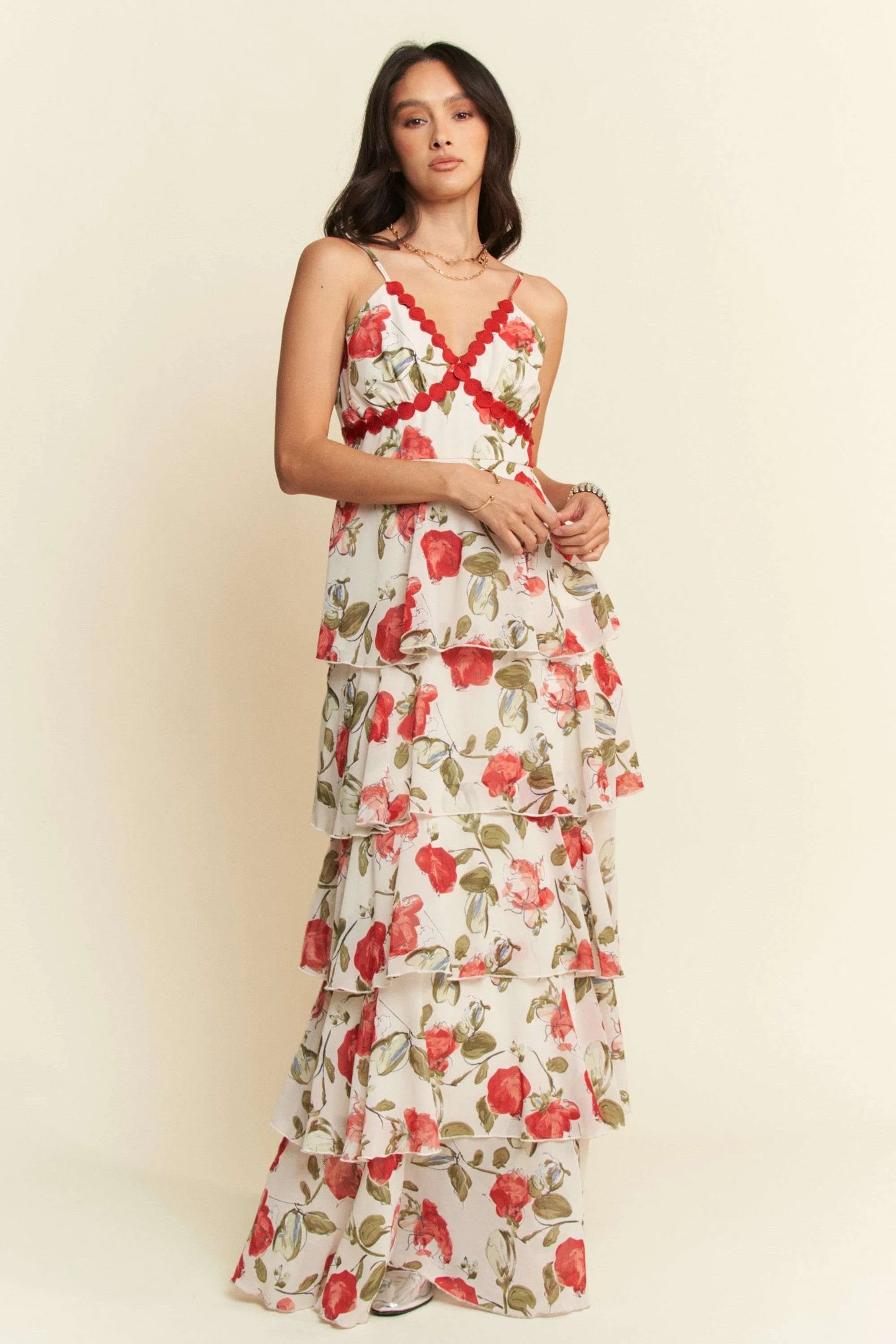 Davi & Dani Contrast Ring Lace Layered Ruffle Maxi Cami Dress