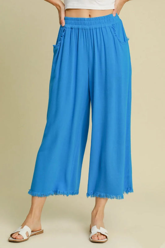 Umgee Full Size Linen Blend Elastic Waistband Wide Leg Pants Plus Size