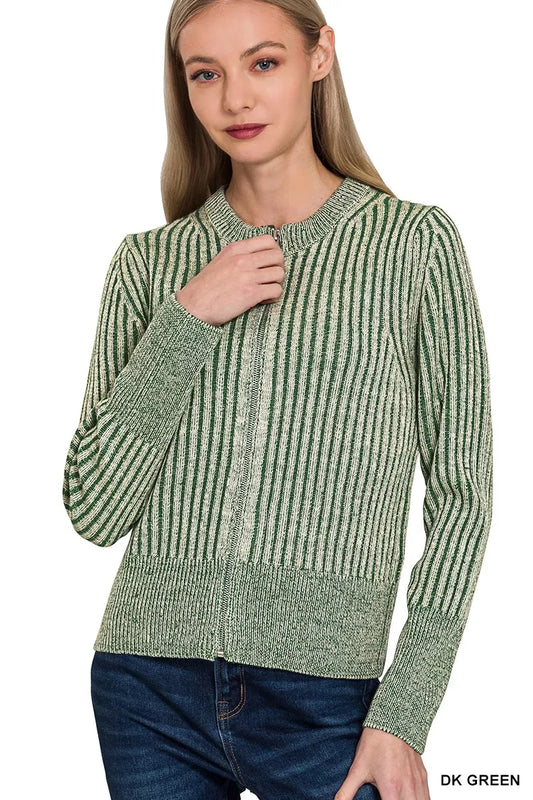 Zenana Ribbed Two Tone Zip Up Sweater Cardigan