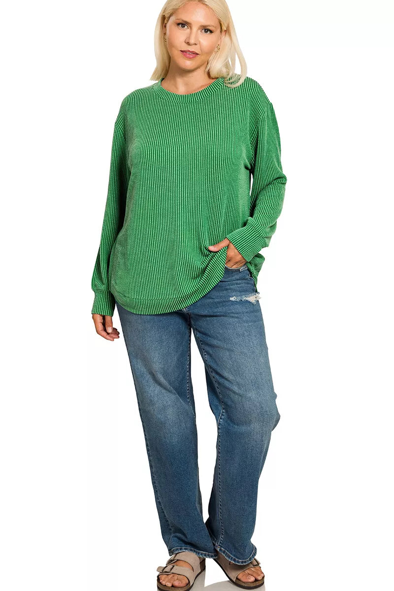 Zenana Full Size Raised Rib Round Neck Long Sleeve Top Plus Size