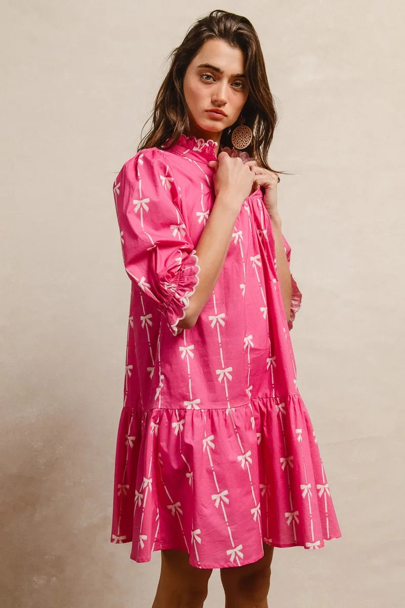 BiBi Ribbon Patterns With Scallops Edge Details Short Sleeve Dress