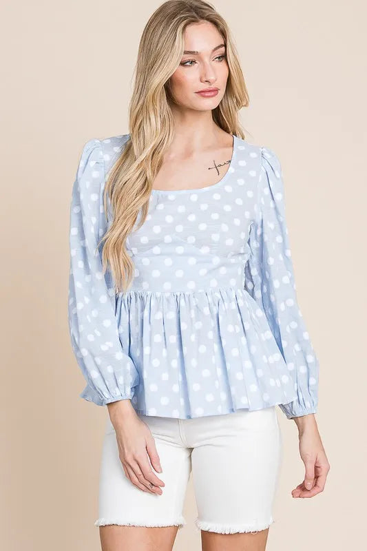 Lime 'N' Chili Polka Dot Print Balloon Sleeve Babydoll Peplum Top