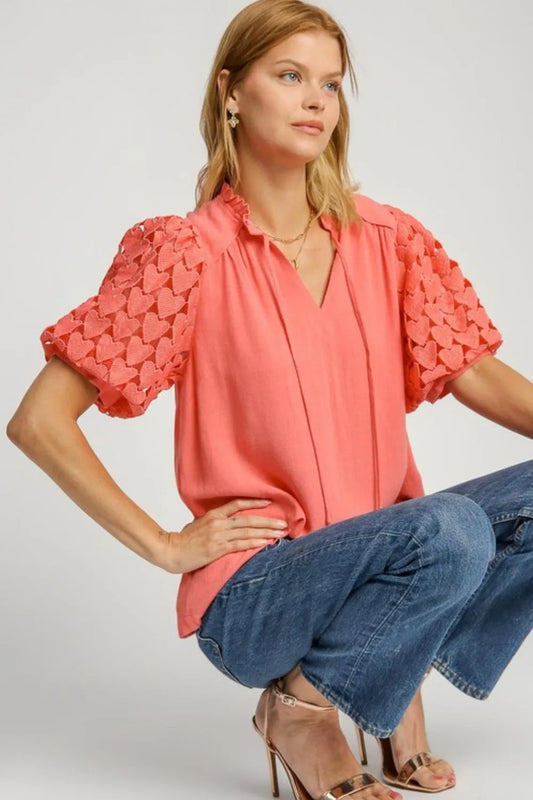Umgee Full Size Heart Lace Sleeve Ruffle Collar Top Plus Size