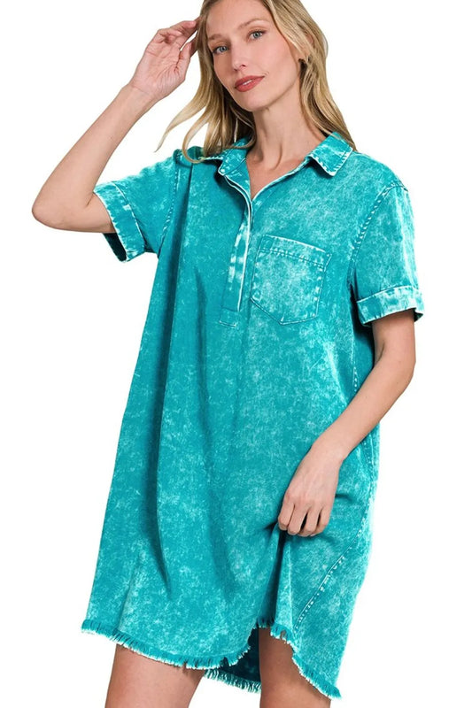 Zenana Tencel Mineral Washed Collared Shirts Dress