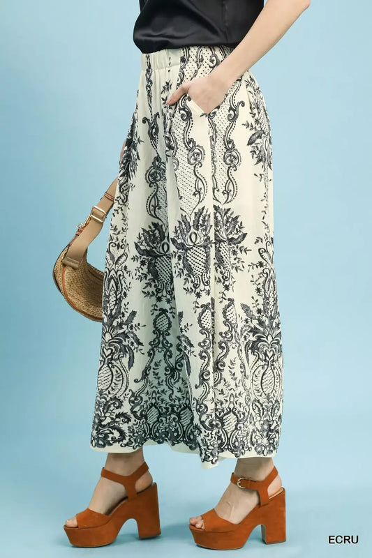 Umgee Border Print Wide Leg Pants