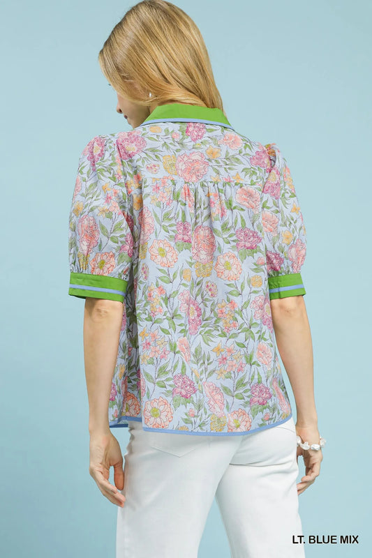 Umgee Mix Floral Puff Sleeve Blouse with Contrast Trim