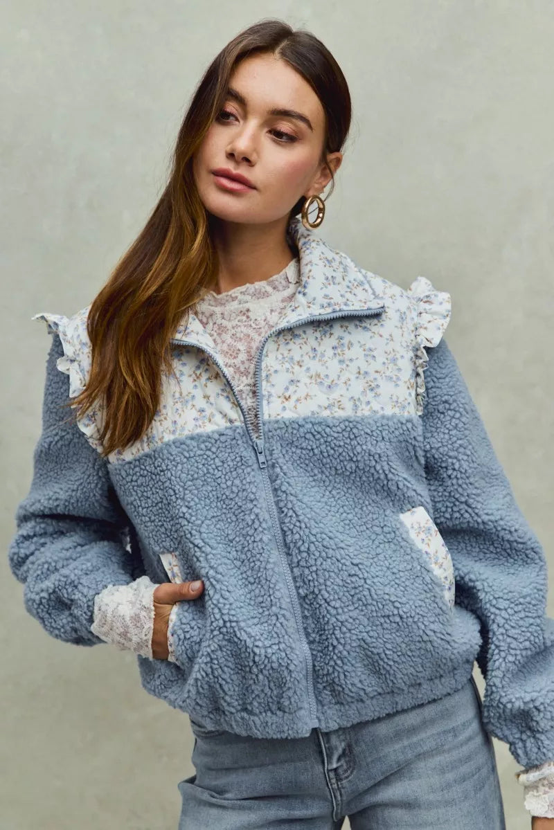 SO ME Faux Fur Sherpa Pull Jacket with Floral Contrast