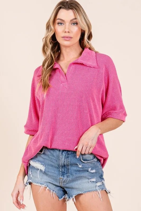 BOMBOM Ribbed Collared Neck Top