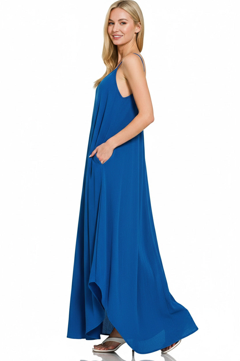 Zenana Woven Crinkle Cami Maxi Dress with Side Pockets