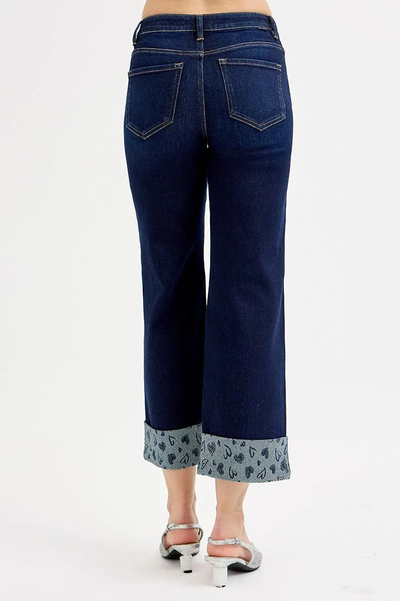 RISEN Full Size Mid Rise Fit Crop Wide With Printed Cuff Jeans Plus Size