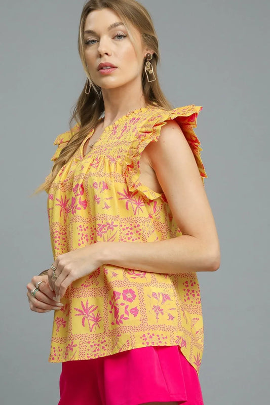Umgee Printed Ruffle Cap Sleeve Blouse