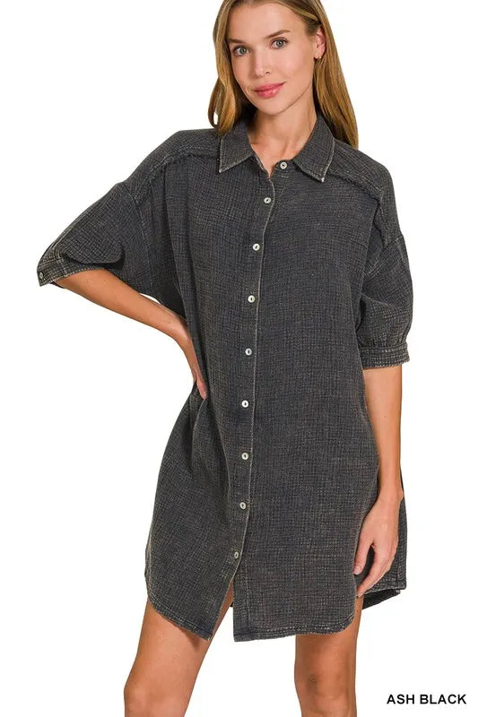 Zenana Washed Double Gauze Button Down Shirt Dress