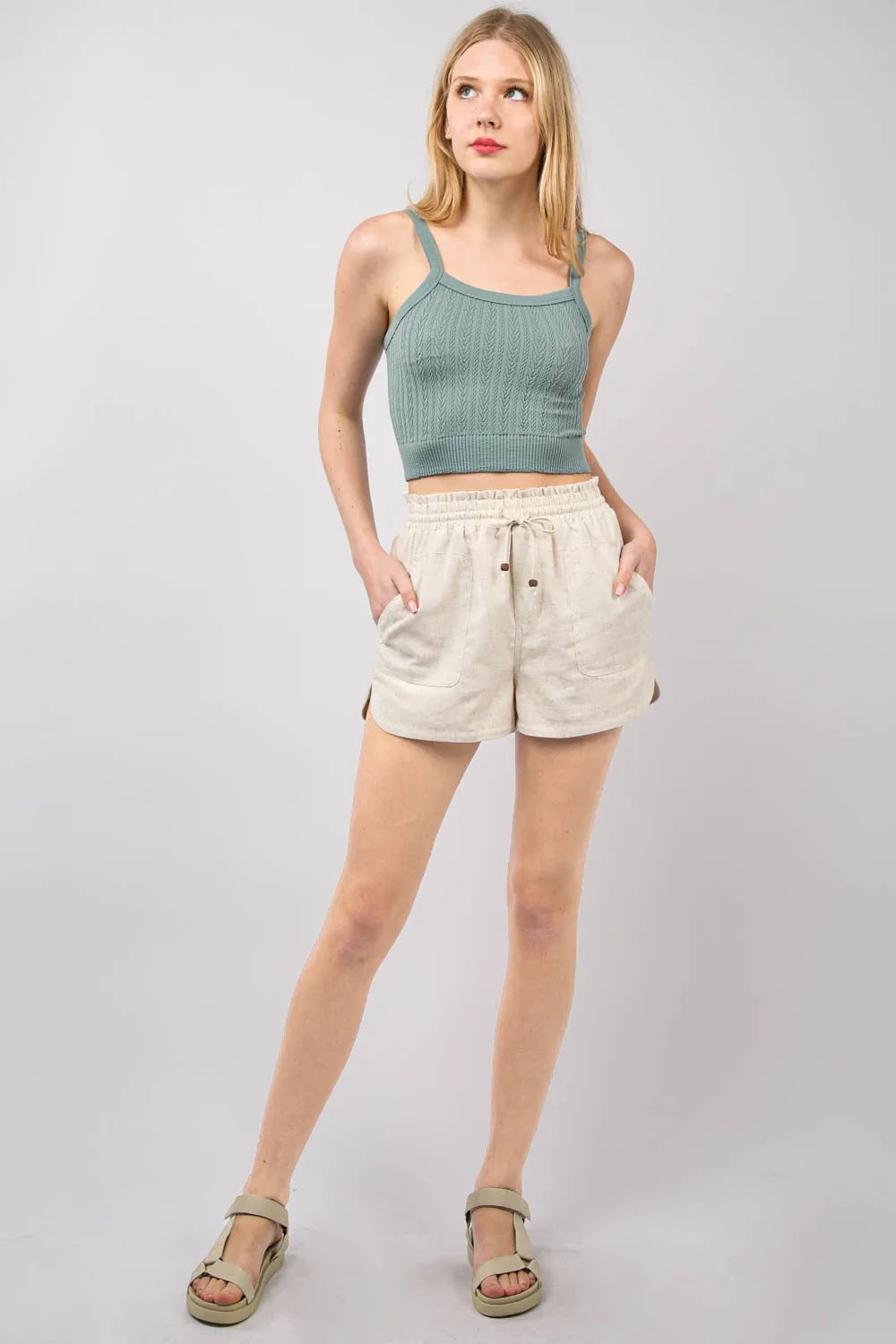 VERY J Drawstring Elastic Waist Linen Shorts