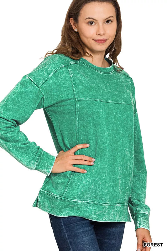 Zenana Acid Wash French Terry Exposed-Seam Pullover