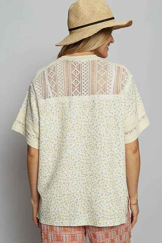 POL Number Floral Crochet Button Detail Half Sleeve Top