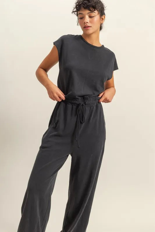 HYFVE Back Keyhole Round Neck Cap Sleeve Drawstring Jumpsuit