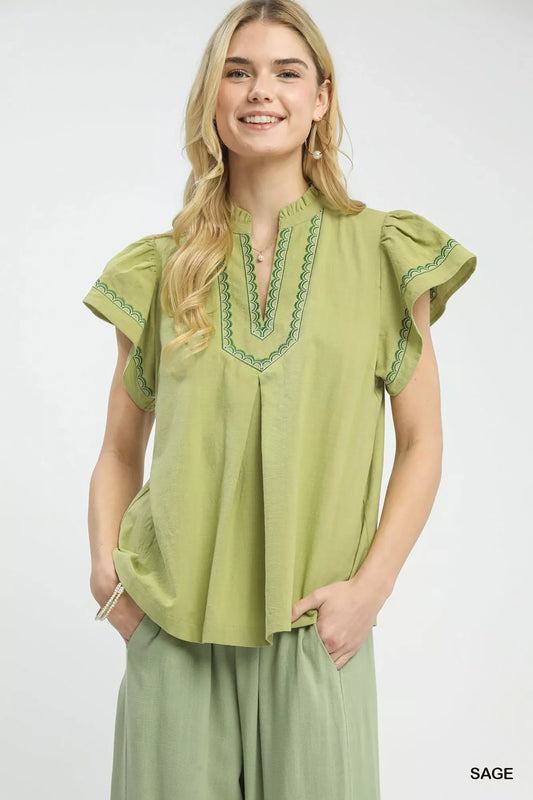 Umgee Embroidered Flutter Sleeve Blouse