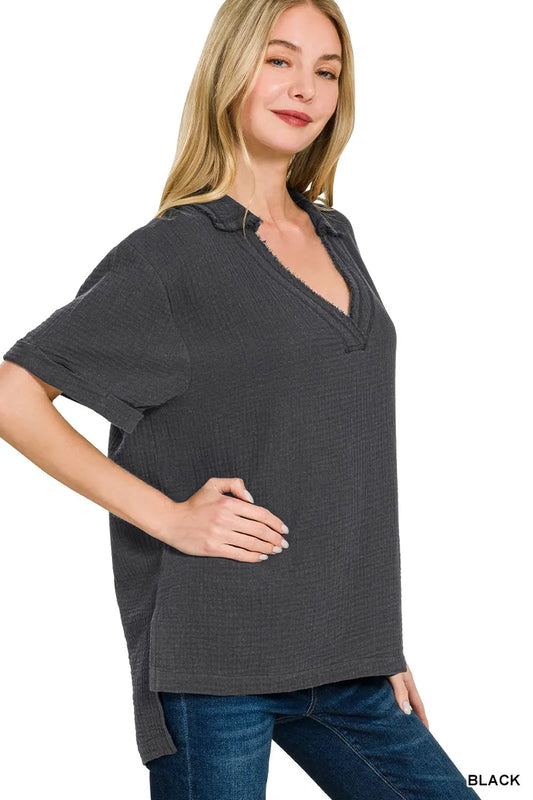 Zenana Double Gauze Short Sleeve High-Low Top