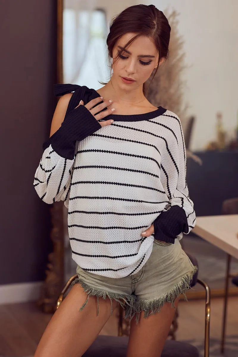 BiBi Stripe Yarn Dye Waffle One Shoulder Ribbon Detail Top