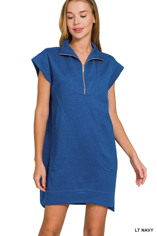 Zenana Textured Knit Jacquard Quarter Zipper Mini Dress