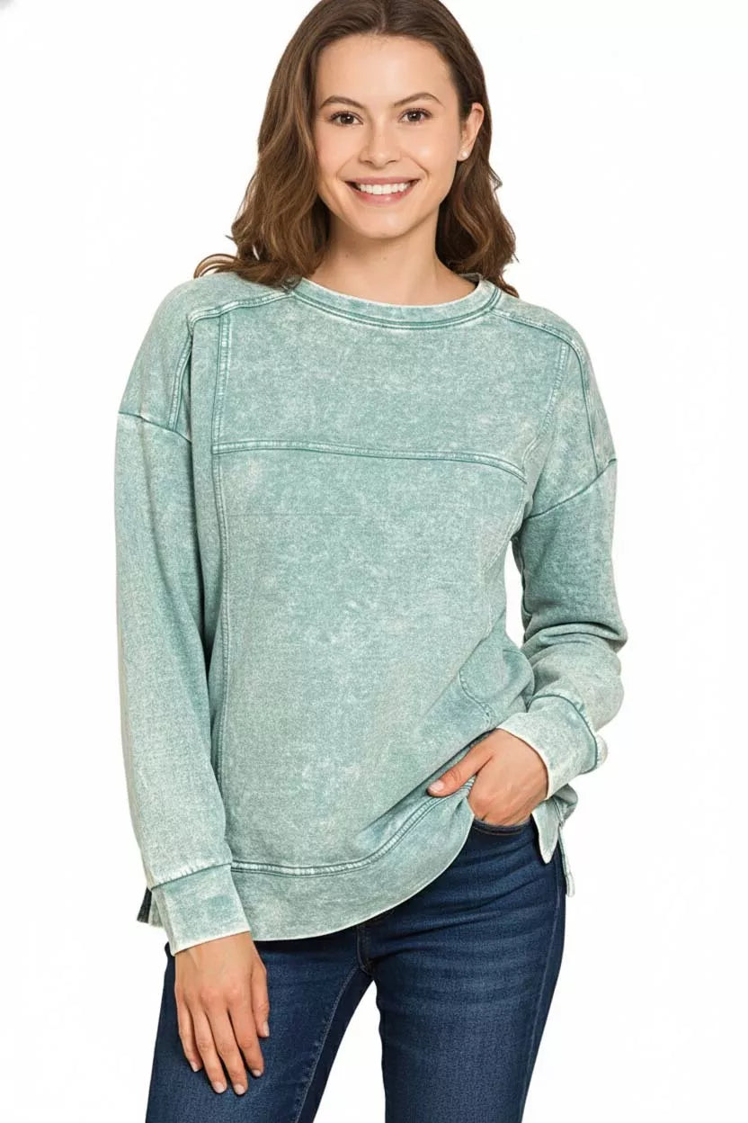 Zenana Acid Wash French Terry Exposed-Seam Pullover