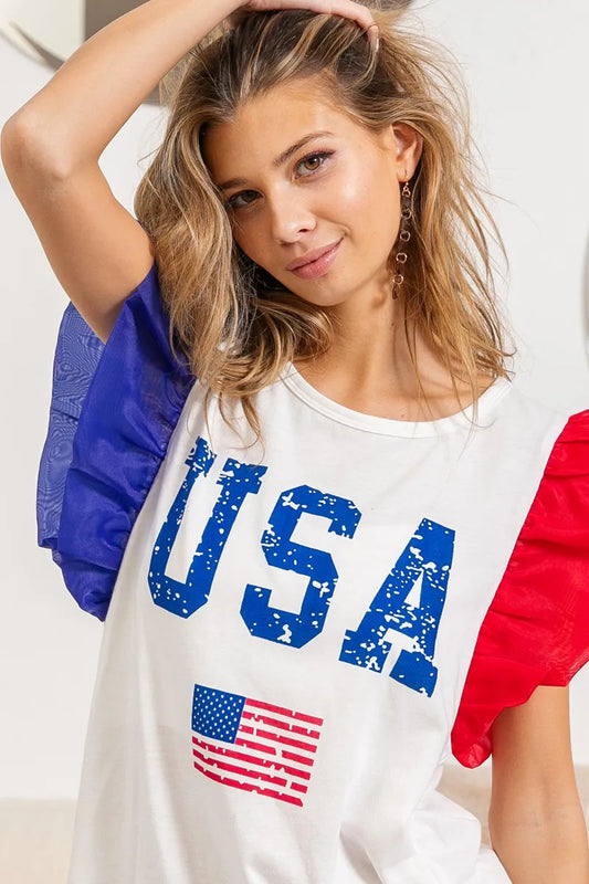 BiBi USA Theme Color Block Organza Ruffle Sleeve Top