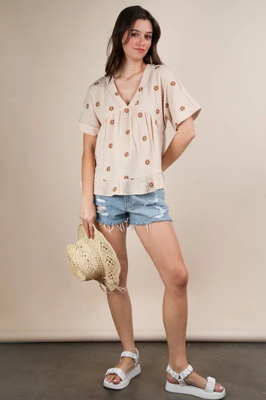 VERY J Flower Embroidered Woven Blouse
