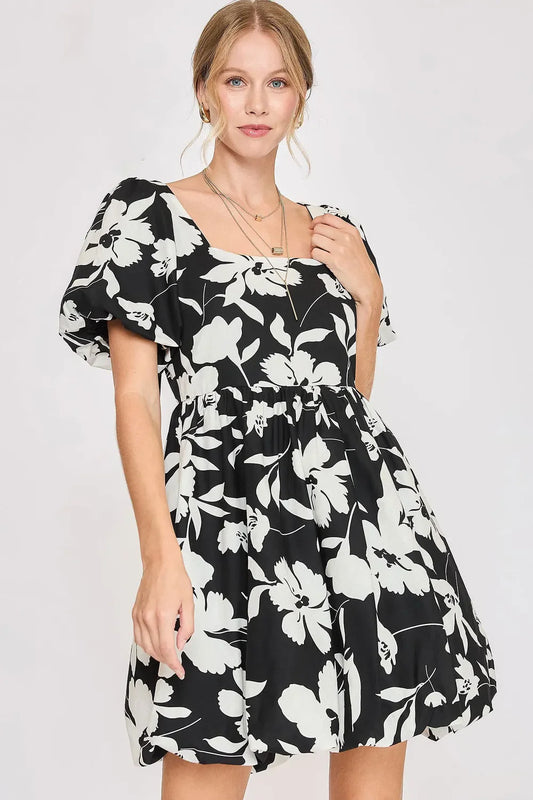 Umgee Full Size Two Tone Floral Print Babydoll Dress Plus Size