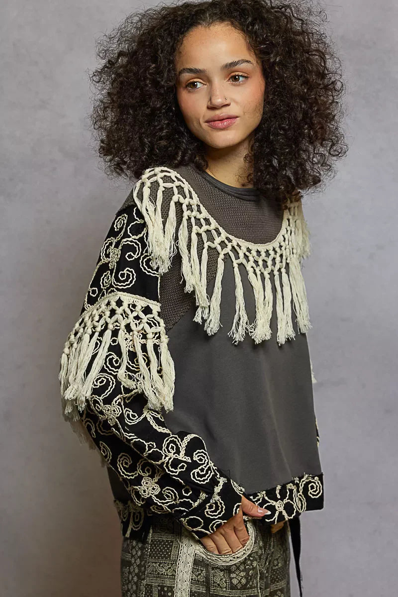 POL Contrast Floral Embroidery Balloon Sleeve Top with Tassel Trim