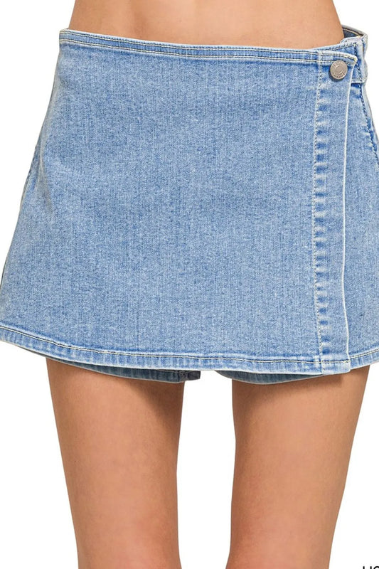 Zenana Wrap Front Skort Denim Shorts