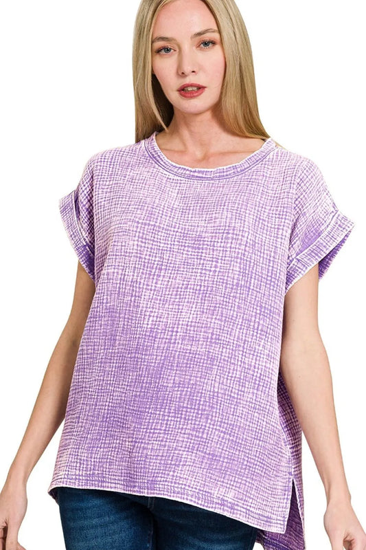 Zenana Woven Double Gauze Acid Washed Short Sleeve Top