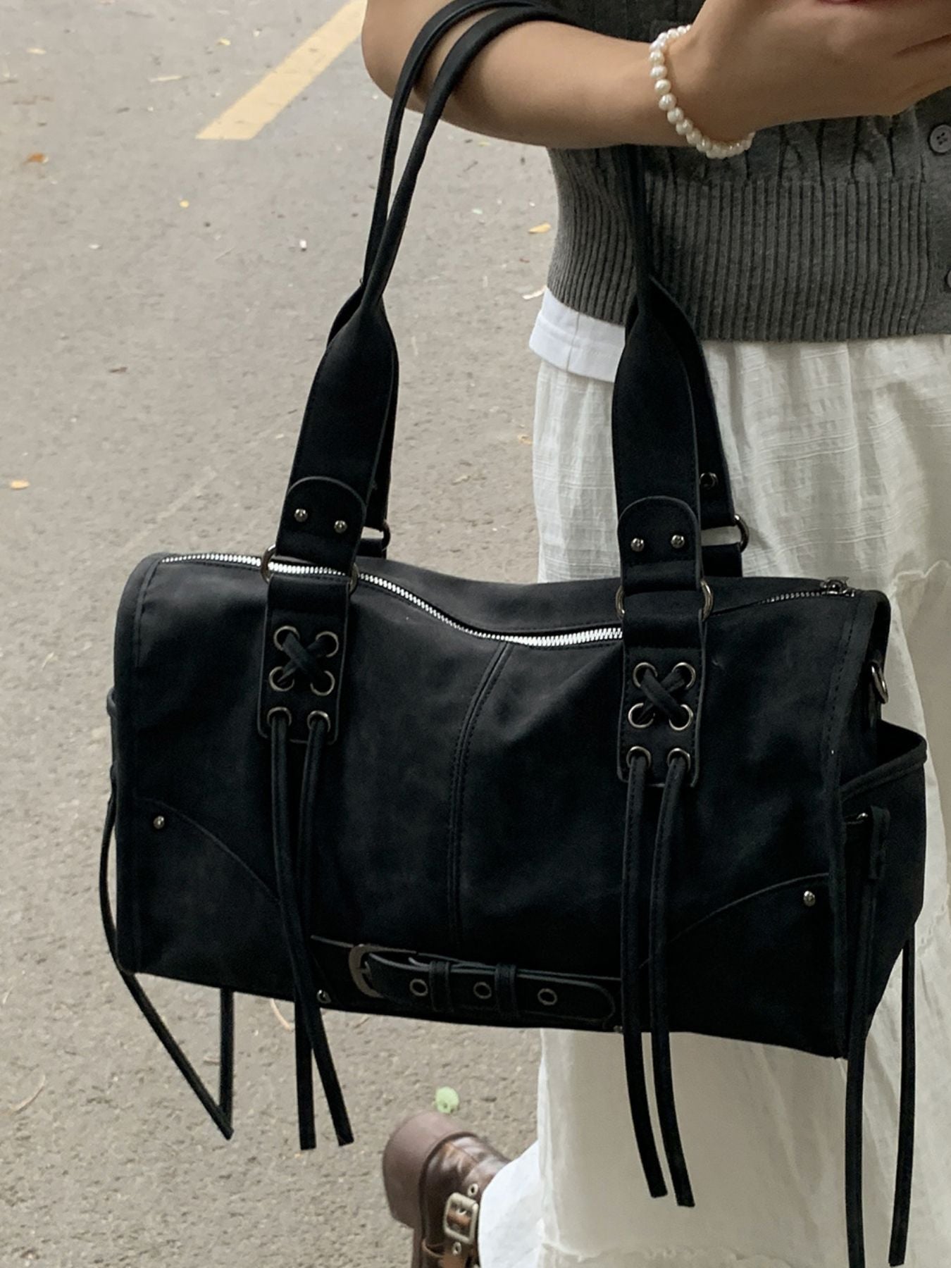 Lace Up Decor Shoulder Bag