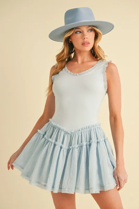 Aemi+Co Frill Sleeveless Drop Waist Mini Dress