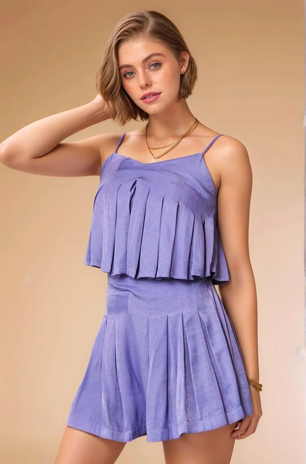 Davi & Dani Pleated Body Elastic Back Babydoll Strappy Top