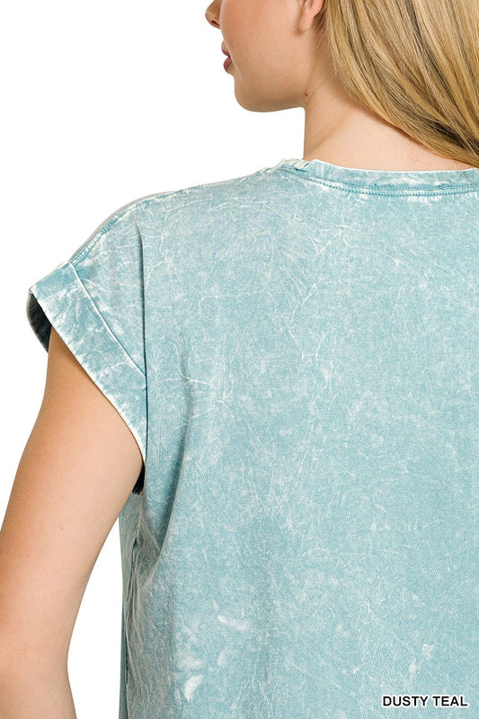 Zenana Full Size Crinkle Washed Round Neck Folded Short Sleeve Tee Plus Size