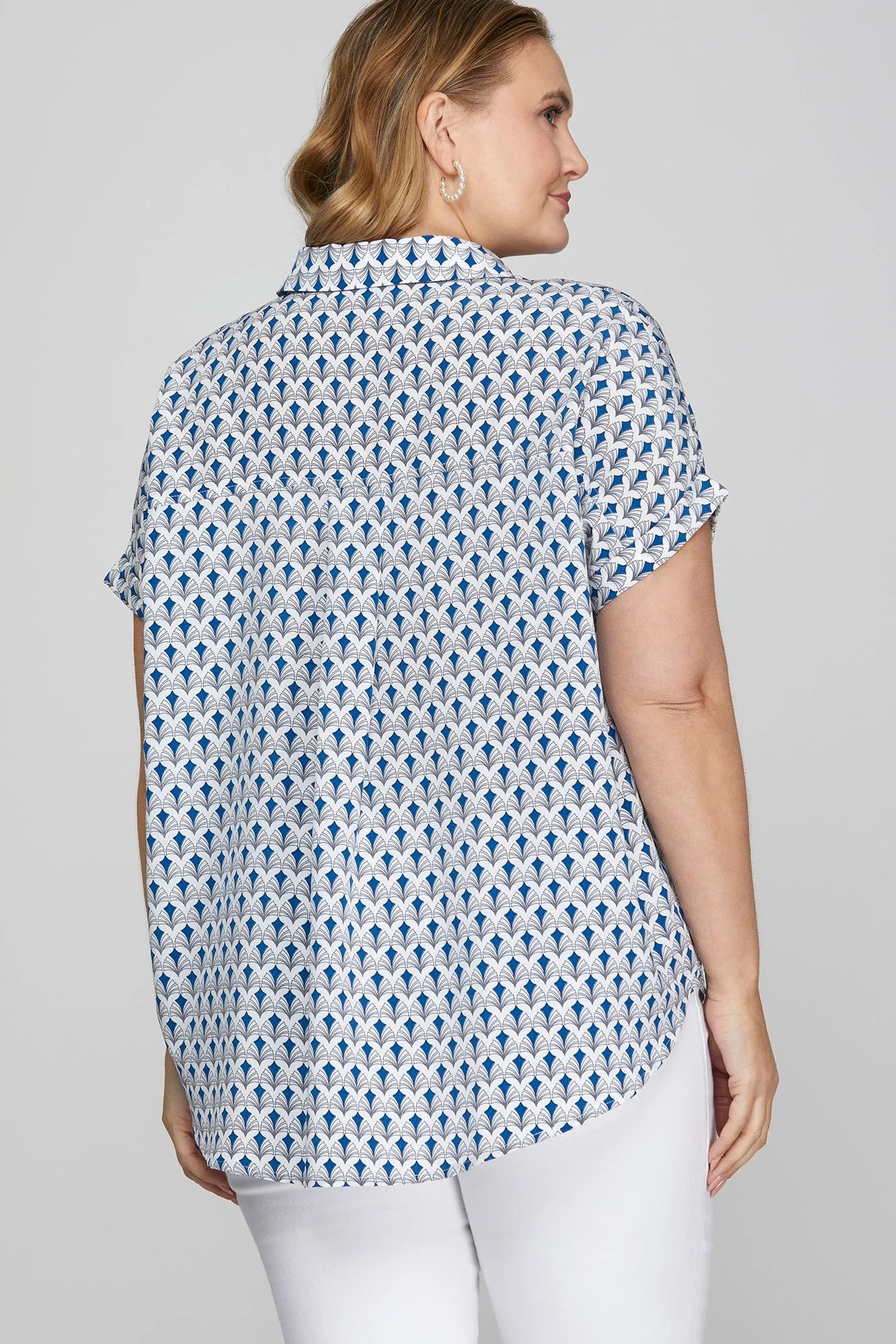 She + Sky Full Size Printed Johnny Collar Short Sleeve Blouse Plus Size