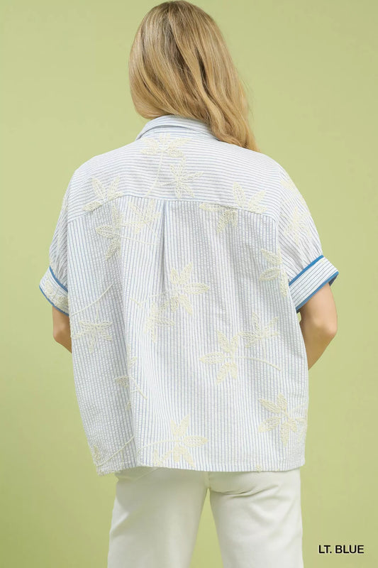 Umgee Striped Embroidered Blouse with Scallop Trim