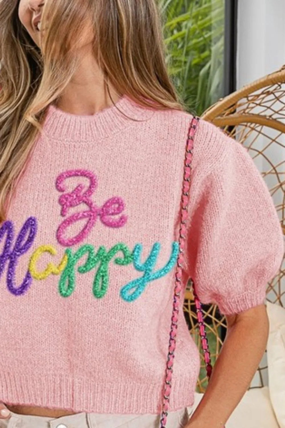 BiBi Metallic Letter Short Puff Sleeve Hairy Sweater