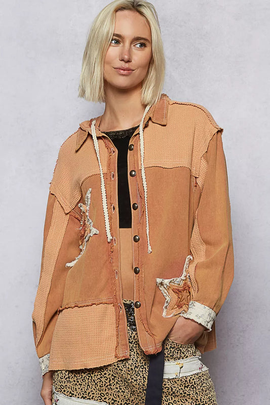 POL Button Down Hooded Jacket with with Star Patch Pattern