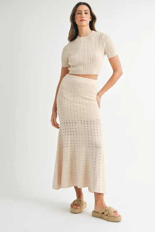 MABLE Pointelle Short Sleeve Crop Top and Slit Skirt Sweater Set